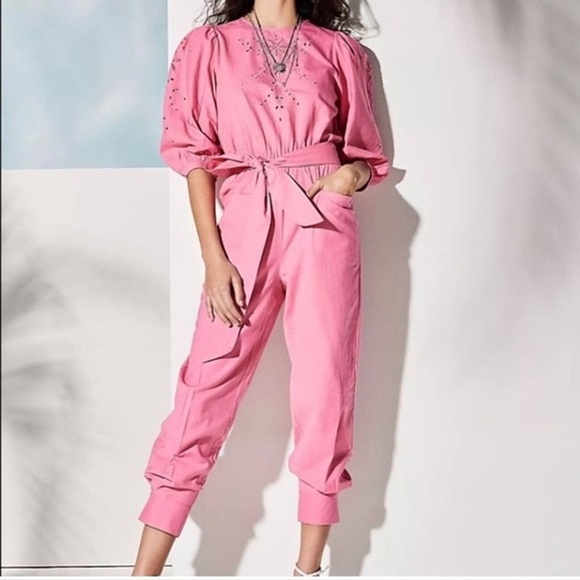 happy x nature Pants - Happy X Nature Pink Jumpsuit Romper US XL 12 Linen Embroidered Cut Out